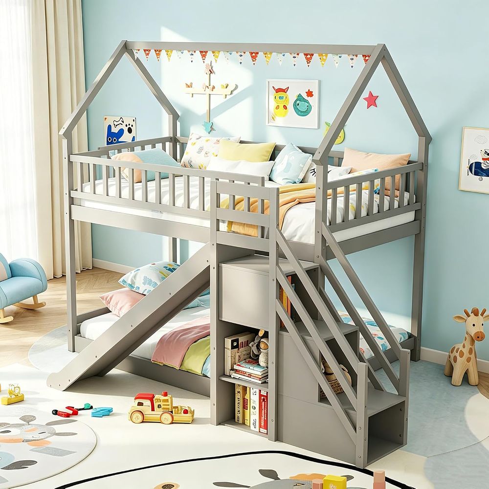 Bunk Bed With Stairs And Slide - Litera doble sobre doble con tobogán