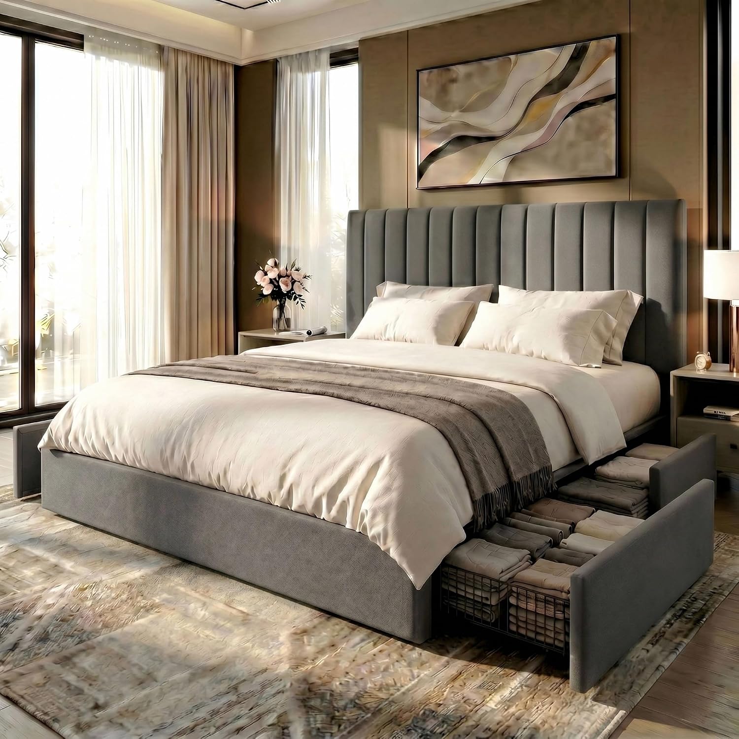 King Size Bed Frame With Storage Drawers - Estructura de cama tipo plataforma tamaño
