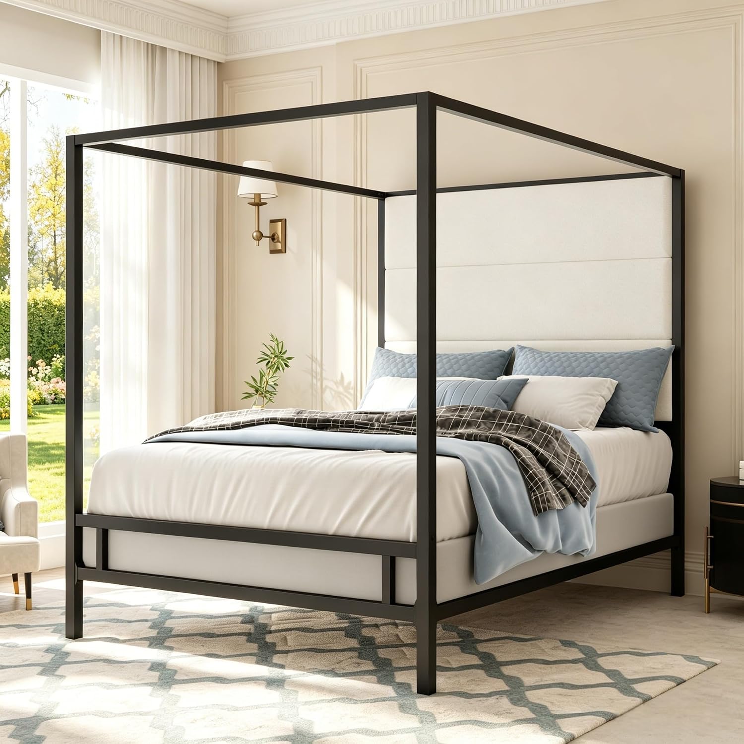 Canopy Bed Frame Metal Queen - Cama Queen con dosel, tapizada en