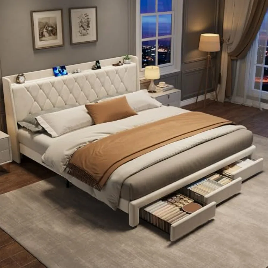 King Size Bed Frame With Storage Drawers - Estructura de cama con plataforma tapizada