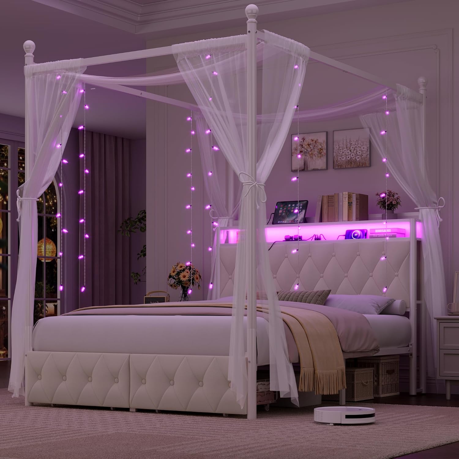 Cama con dosel LED tamaño quee - Canopy Bed Frame Metal Queen reseña y precio