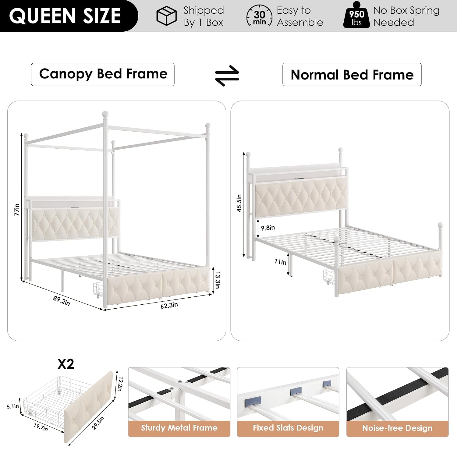 Cama con dosel LED tamaño quee - Canopy Bed Frame Metal Queen reseña y precio