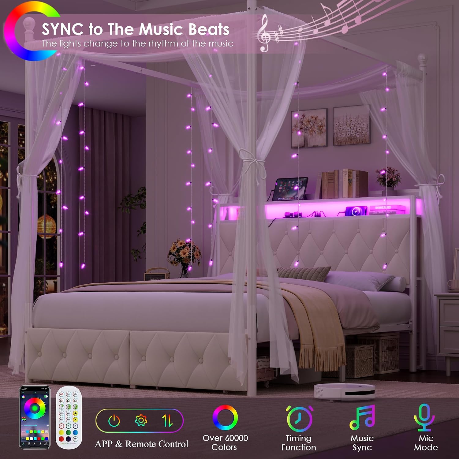 Cama con dosel LED tamaño quee - Canopy Bed Frame Metal Queen reseña y precio