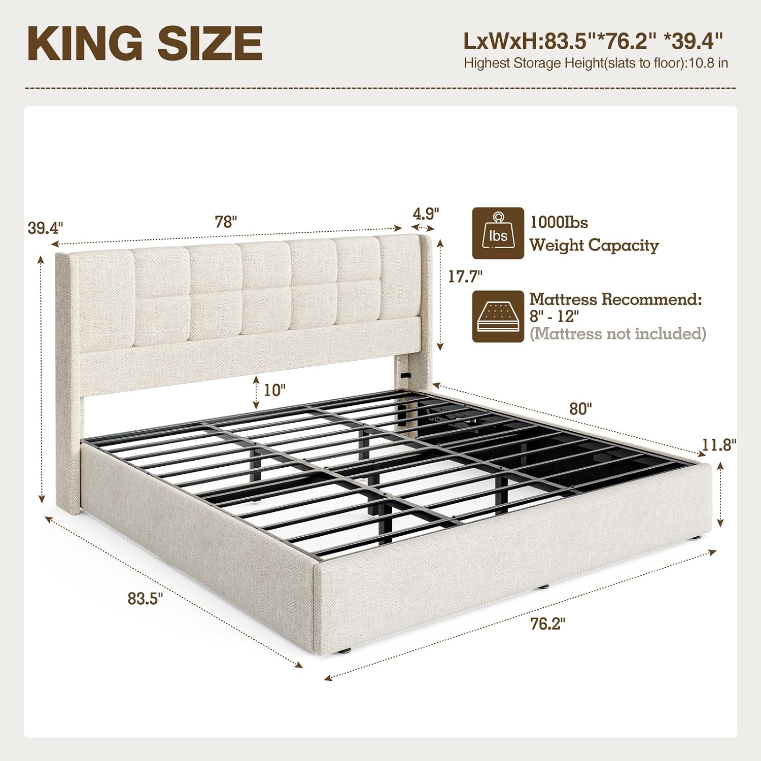 Base de Cama King Size con Alm - Gas Lift Storage Bed Hydraulic reseña y precio