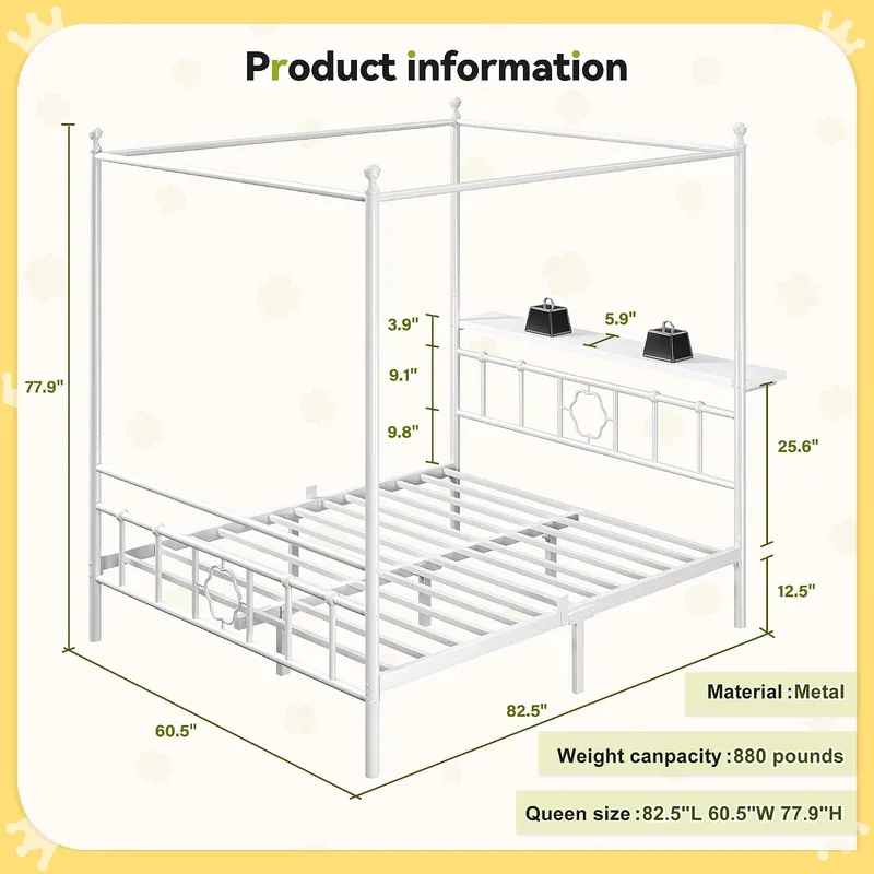 Estructura de cama con cabecer - Canopy Bed Frame Metal Queen reseña y precio