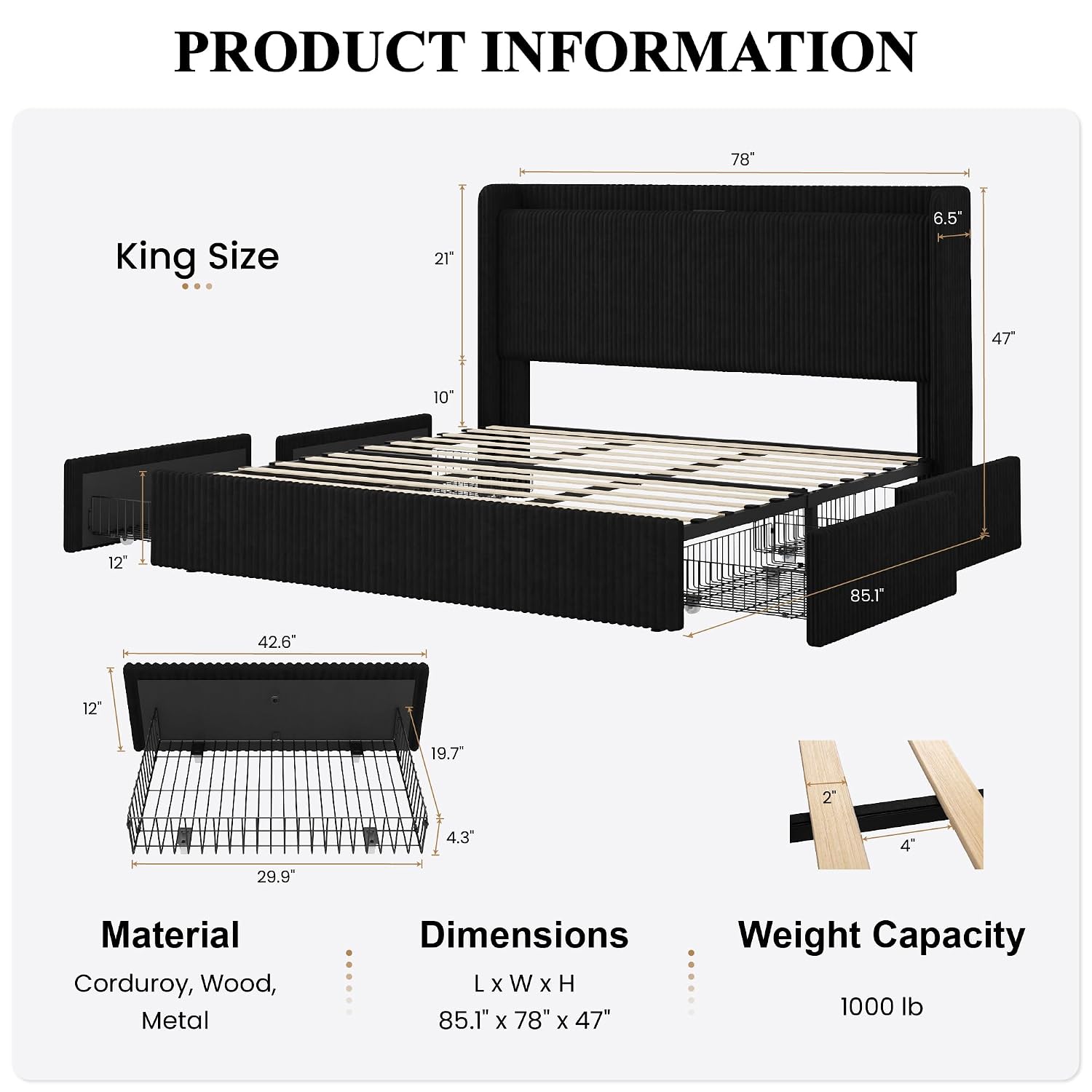Base de Cama King Size con 4 C - King Size Bed Frame With Storage Drawers reseña y precio